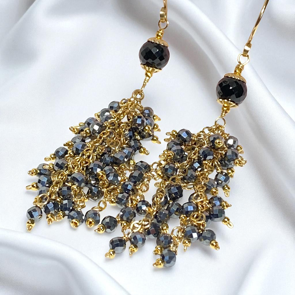 Sparkly Long Black Tassel Earrings Gold Fill