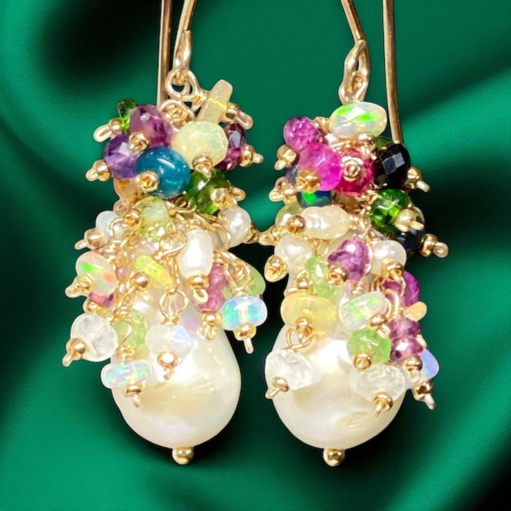 Opal Cluster Baroque Flameball Pearl Earrings Multi-color Gemstone 4