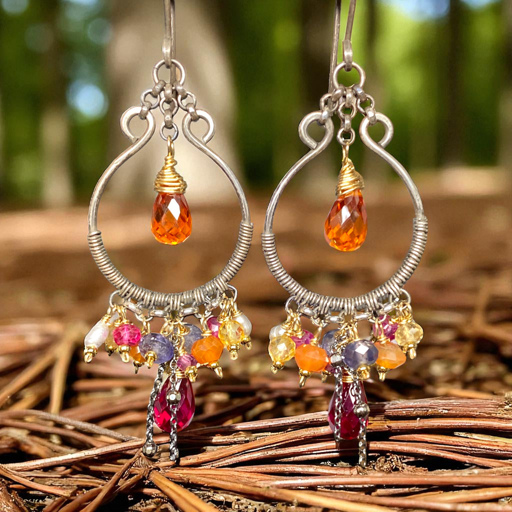 Multi Gemstone Mixed Metal Hoop Chandelier Earrings