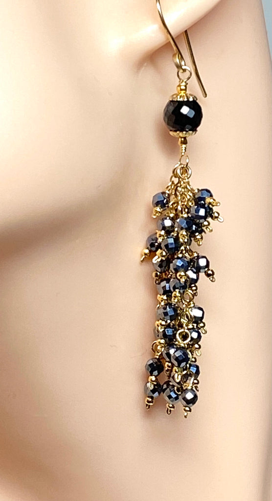 Sparkly Long Black Tassel Earrings Gold Fill