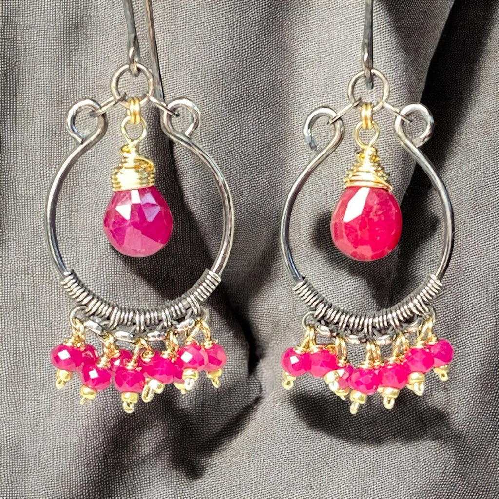 Red Ruby Mixed Metal Chandelier Hoop Earrings