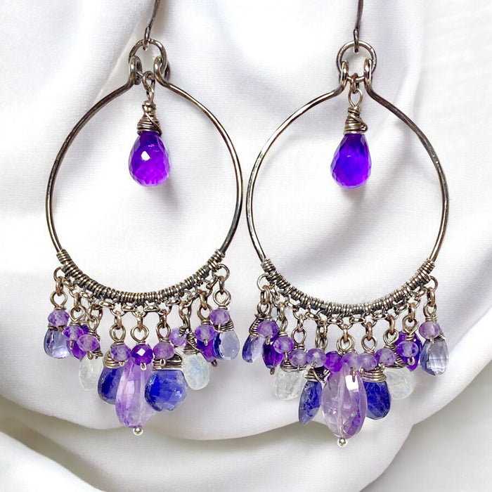 Blue Purple Gemstone Chandelier Hoop Earrings Oxidized Silver 3