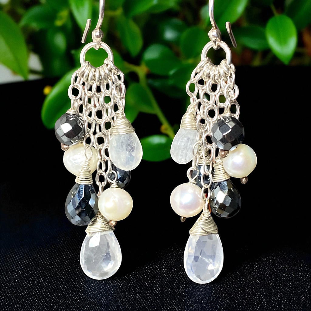Black and White, Moonstone Black Spinel Dangle Earrings, Sterling SIlver