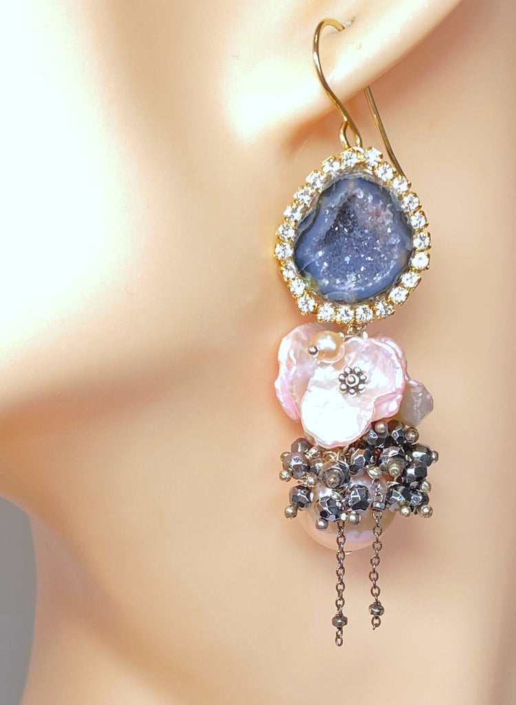 Pink Edison Pearl Cluster Earrings with Keishi and Black Geodes