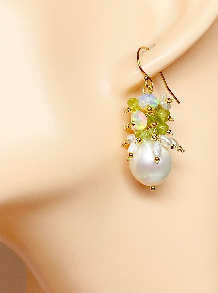Peridot, Opal, Pearl Cluster Earrings Gold Fill 2