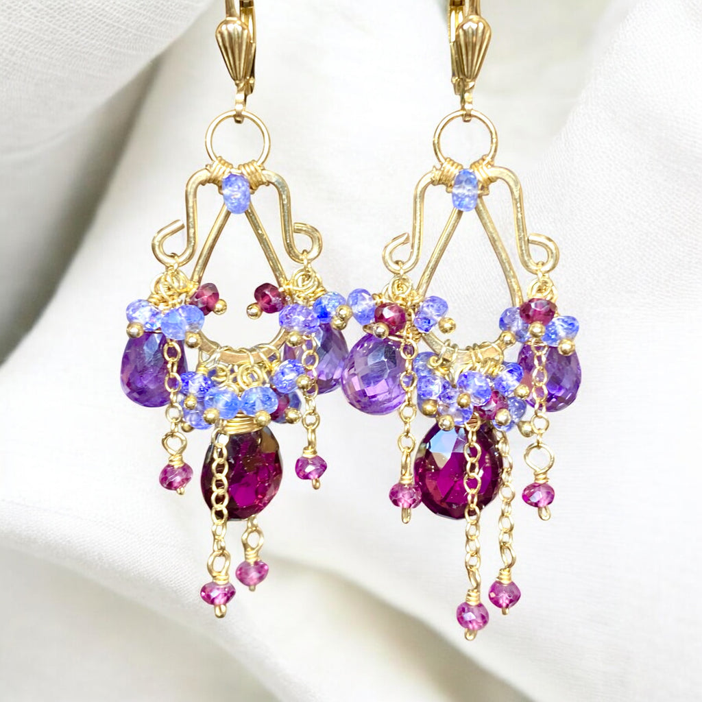 Garnet Amethyst Tanzanite Gold Multicolor Chandelier Earrings