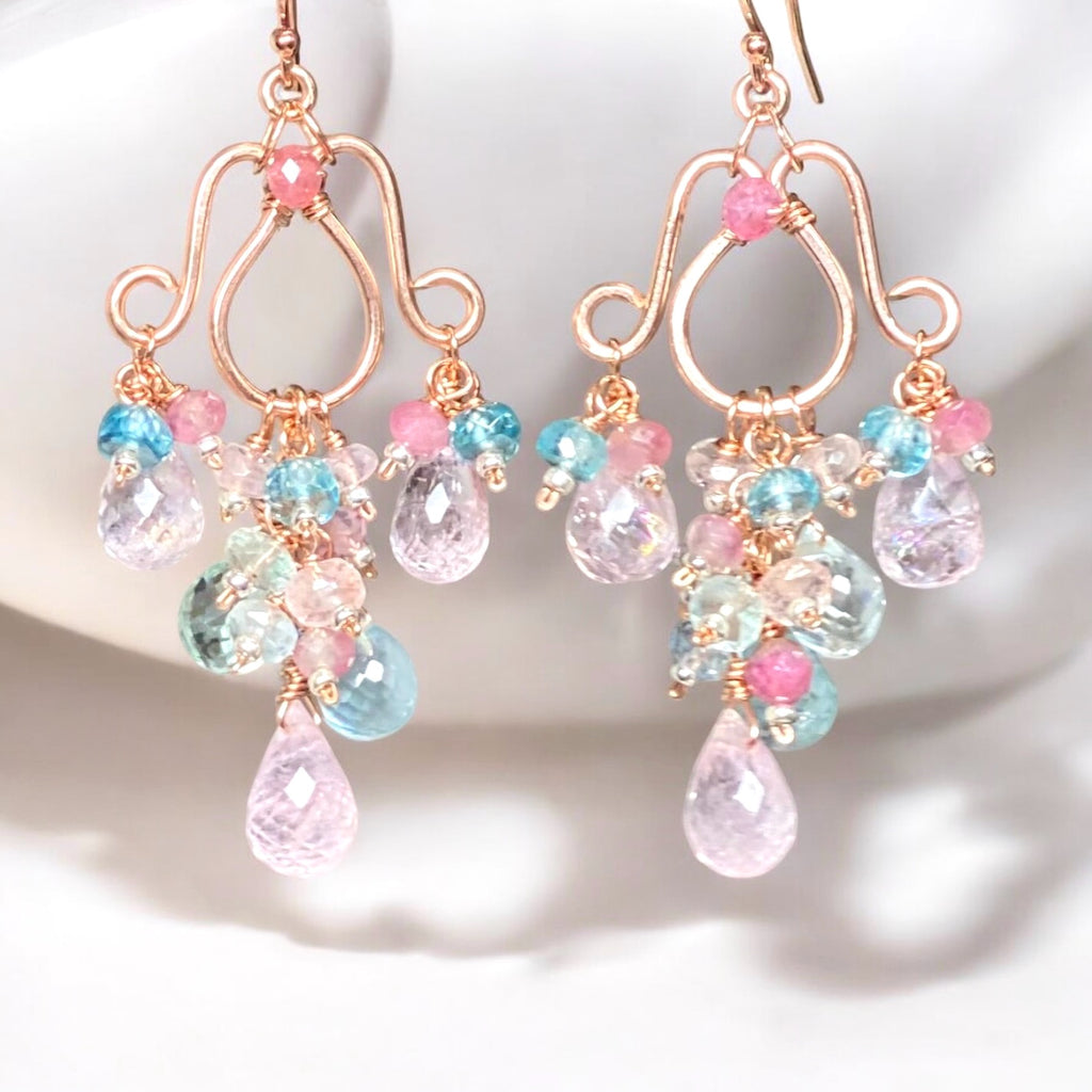 Aquamarine, Morganite Gemstone Chandelier Earrings in Rose Gold Fill