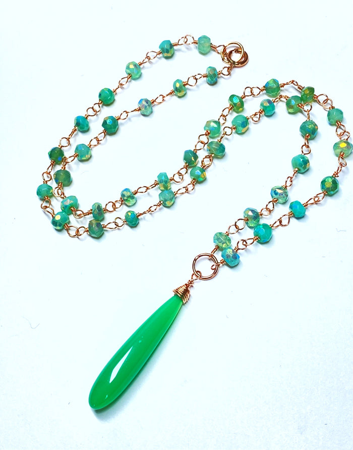 Green Chrysoprase, Rose Gold Wire Wrapped Pendant Necklace