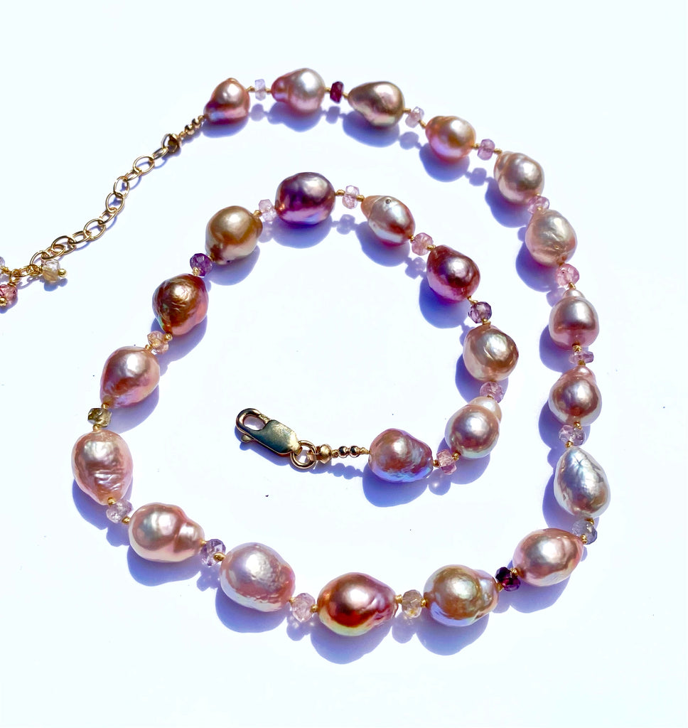 Baroque Metallic Pearl Necklace with Spinel Gemstones, Silk Knotted, Gold Fill