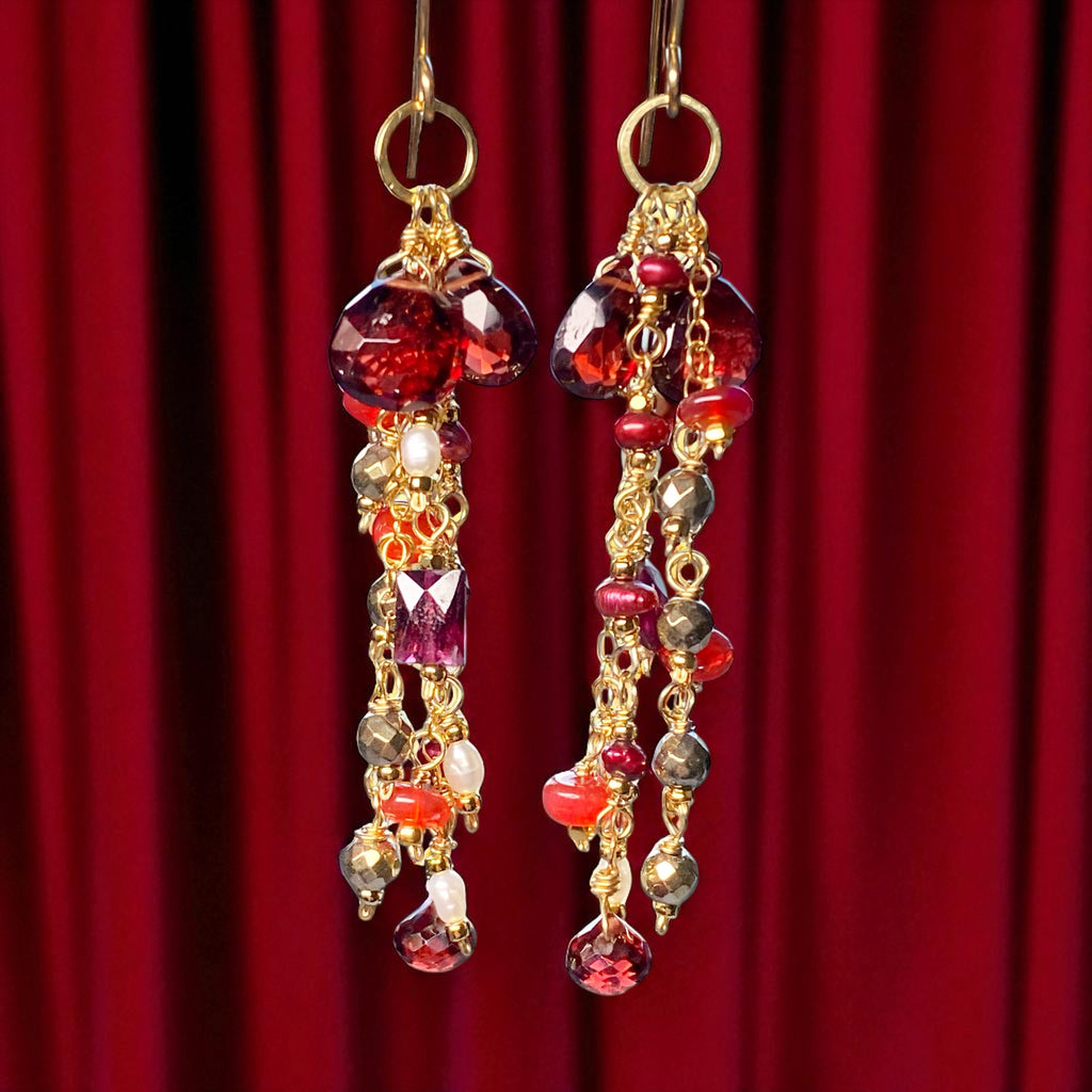 Garnet Dangle Earrings 14 kt Gold Fill with Red Pearls
