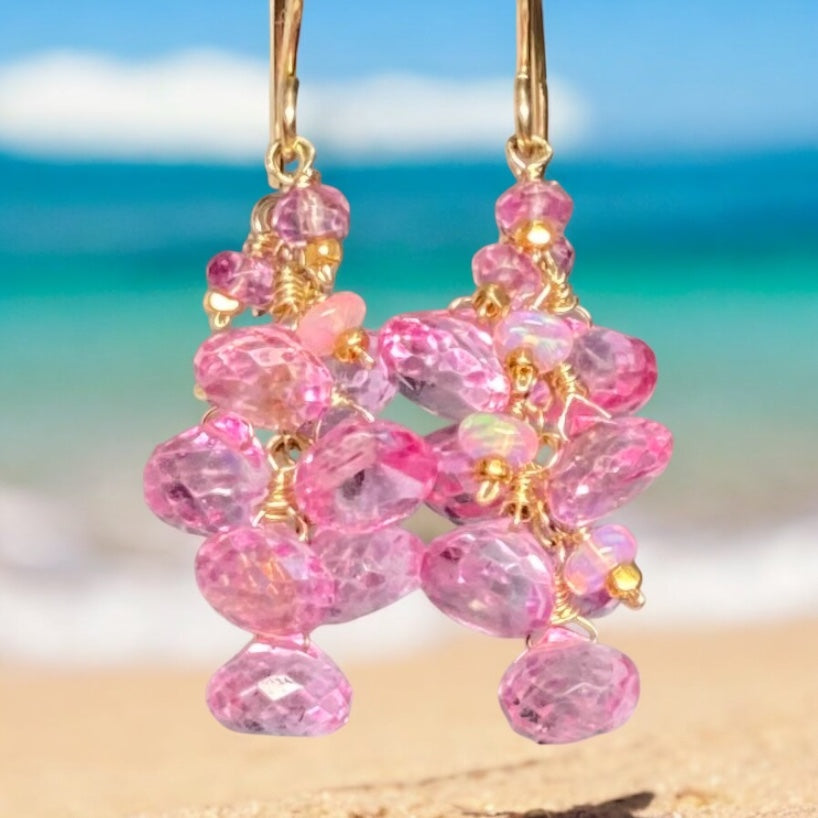 Pink Mystic Topaz Cluster Tassel Earrings Gold Fill or Rose Gold