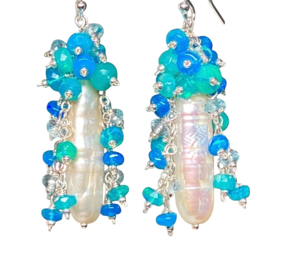 White Biwa Pearl and Aqua Blue Opal Cluster Earrings Sterling Silver