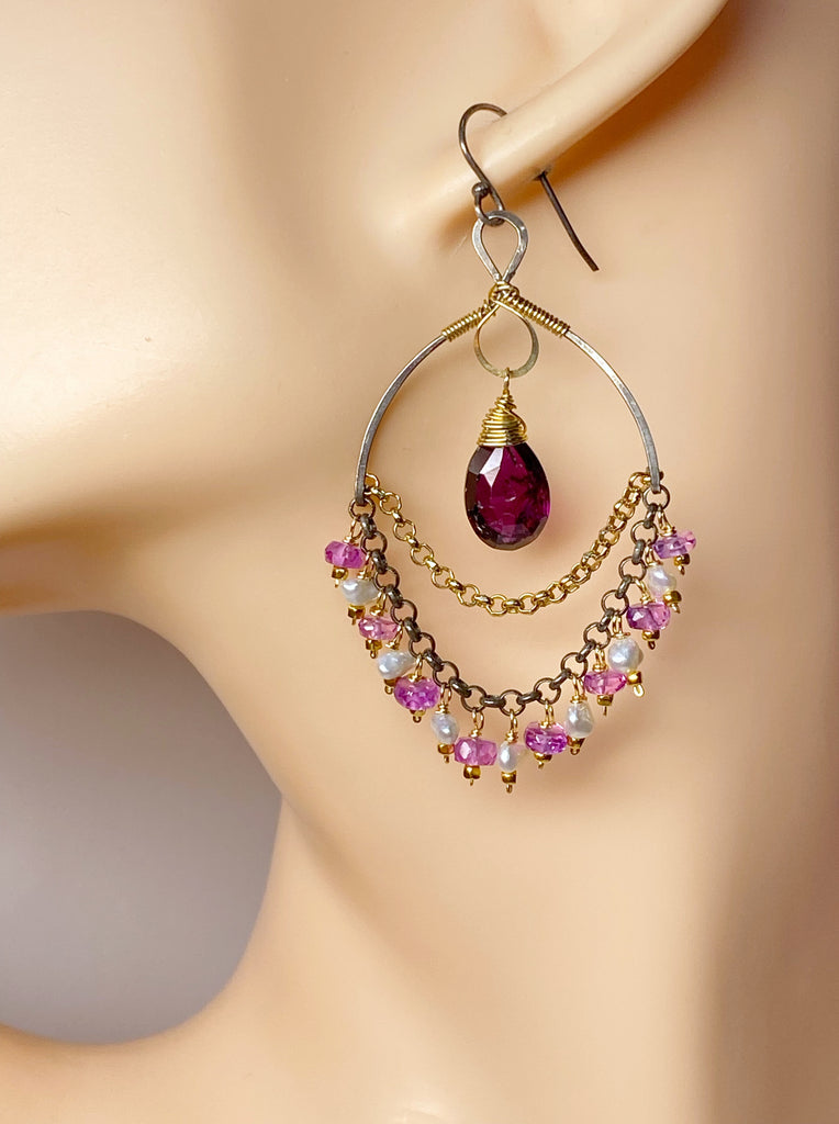 Rhodolite Garnet Chandelier Earrings with Sapphires in Mixed Metals 2