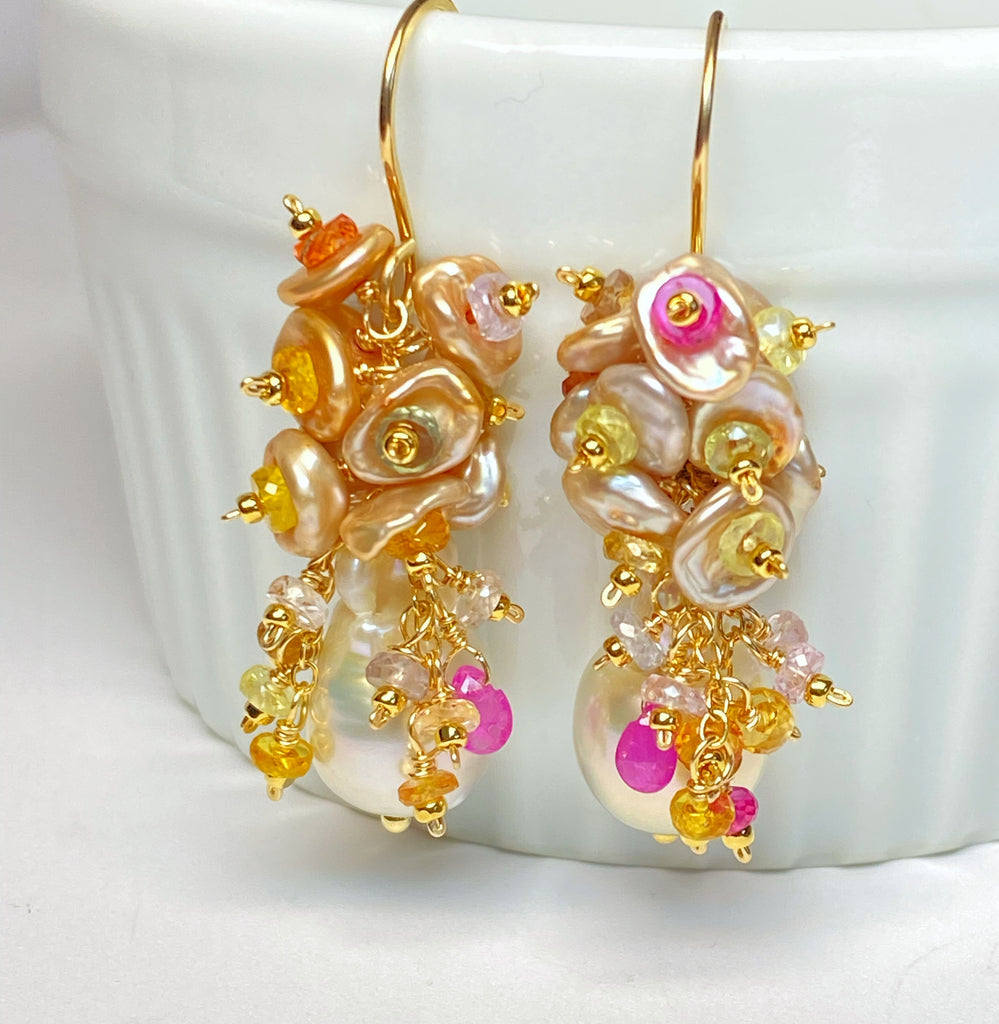 Baroque Flameball Pearl Earrings with Clusters of Sapphires and Keishi Pearls Gold Fill