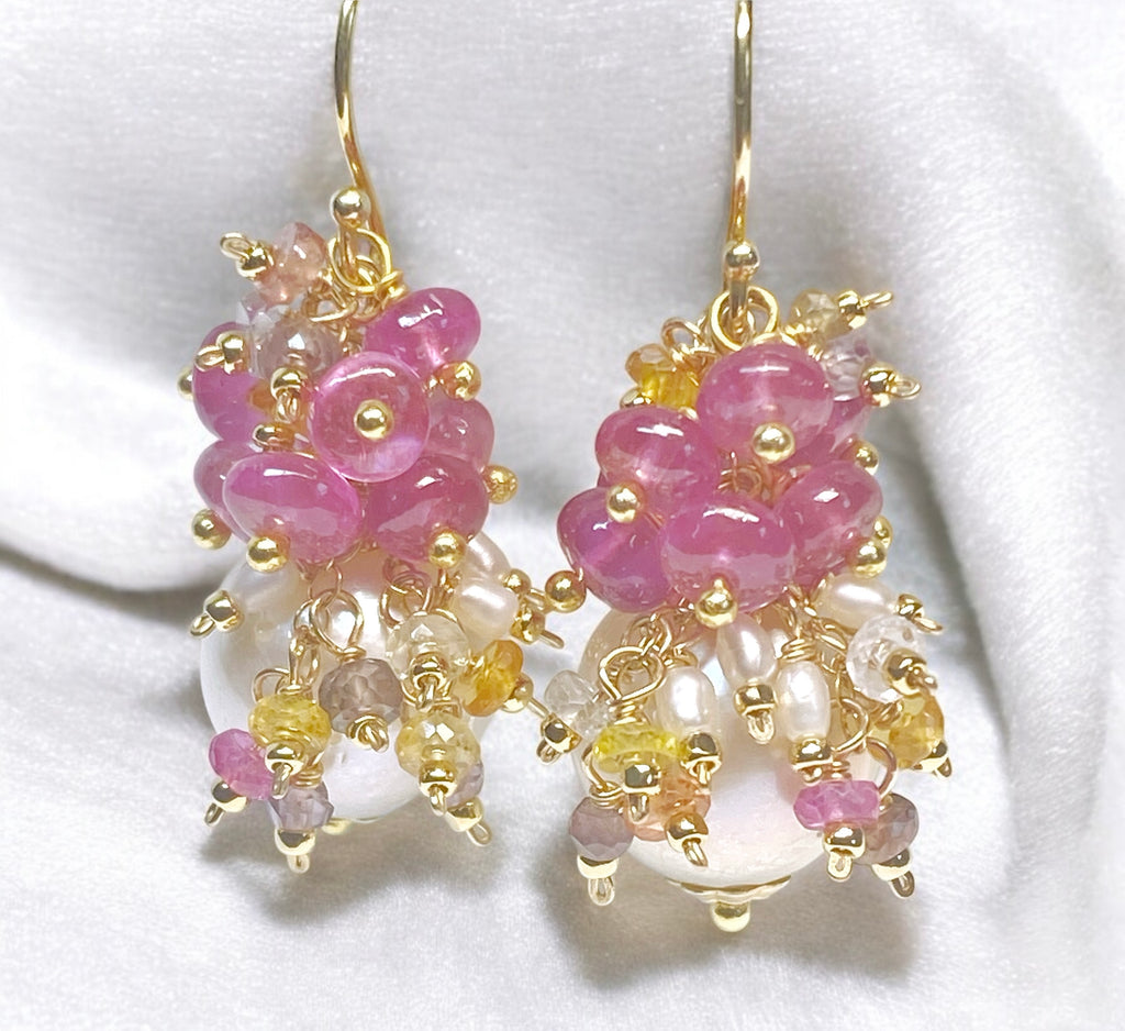 Pearl and Pink Sapphire Cluster Earrings Gold 3