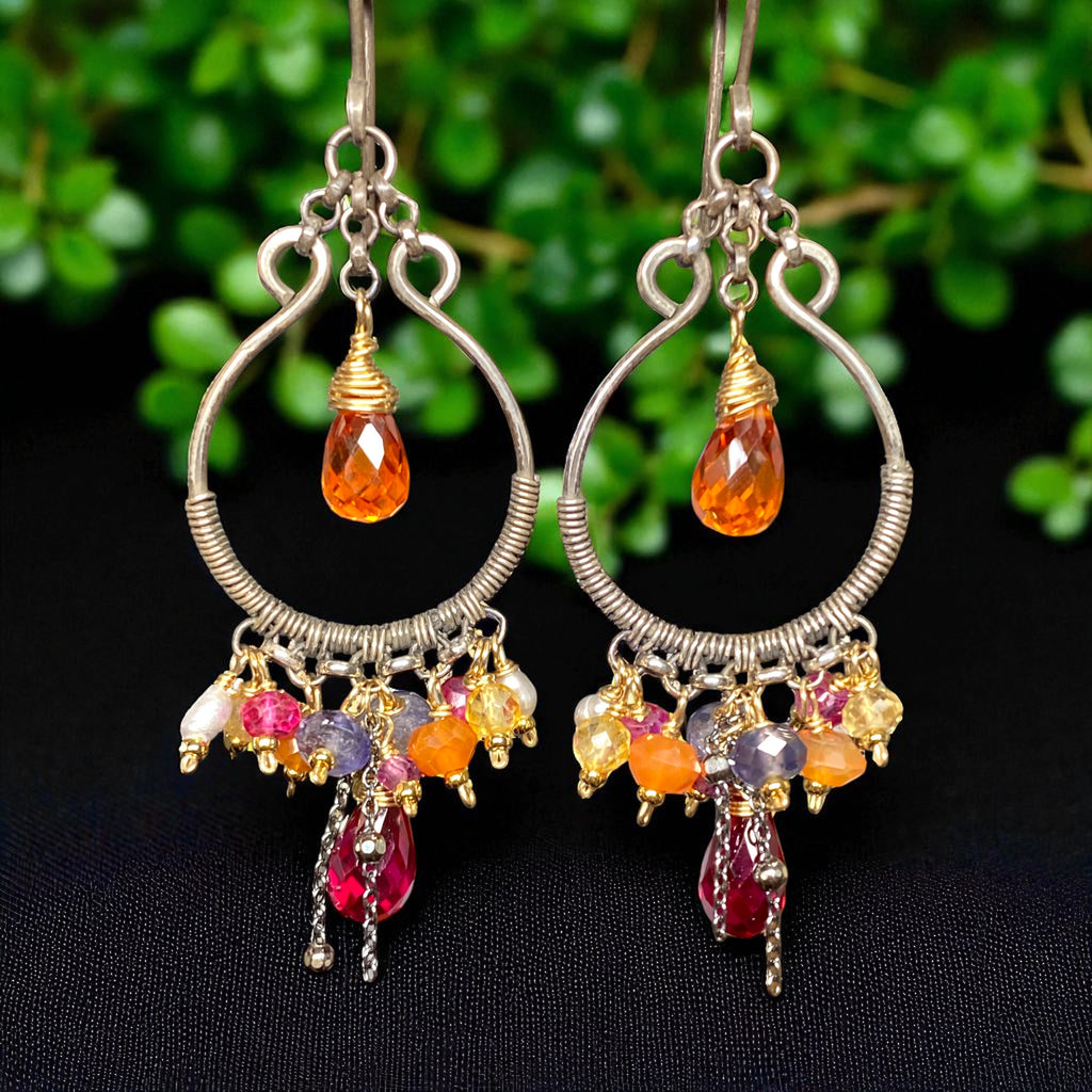 Multi Gemstone Mixed Metal Hoop Chandelier Earrings