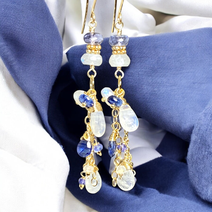 Rainbow Moonstone Tanzanite Kyanite Blue & White Boho Dangle Earrings