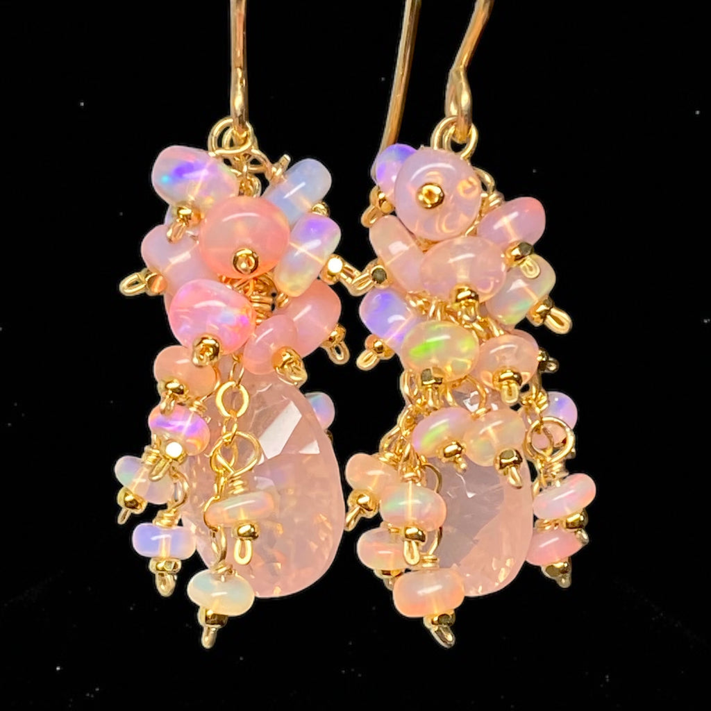 Pink Opal Cluster Earrings Rose Quartz Concave Cut Briolette Earrings Gold