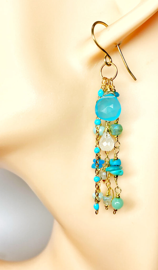 Blue, Aqua, Turquoise Gem Dangle Earrings, Gold Fill