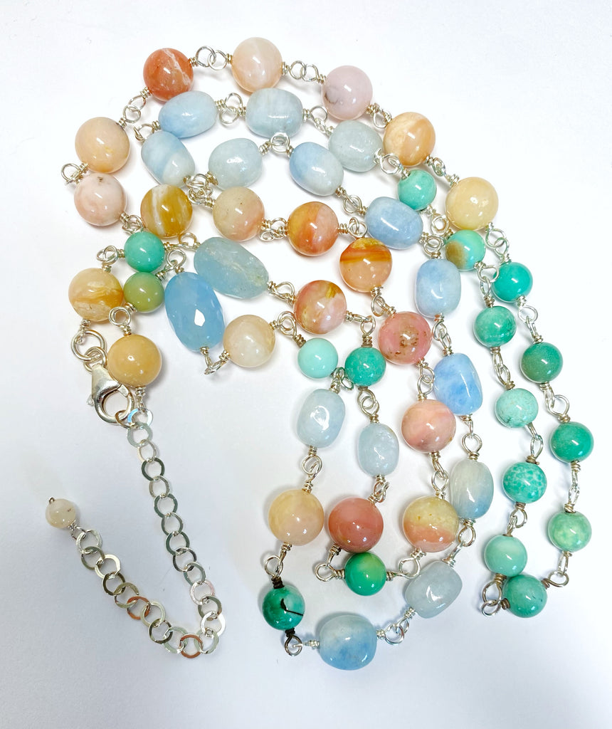 Multi-color Gemstone Necklace Wire Wrapped Opal Chrysoprase Aquamarine