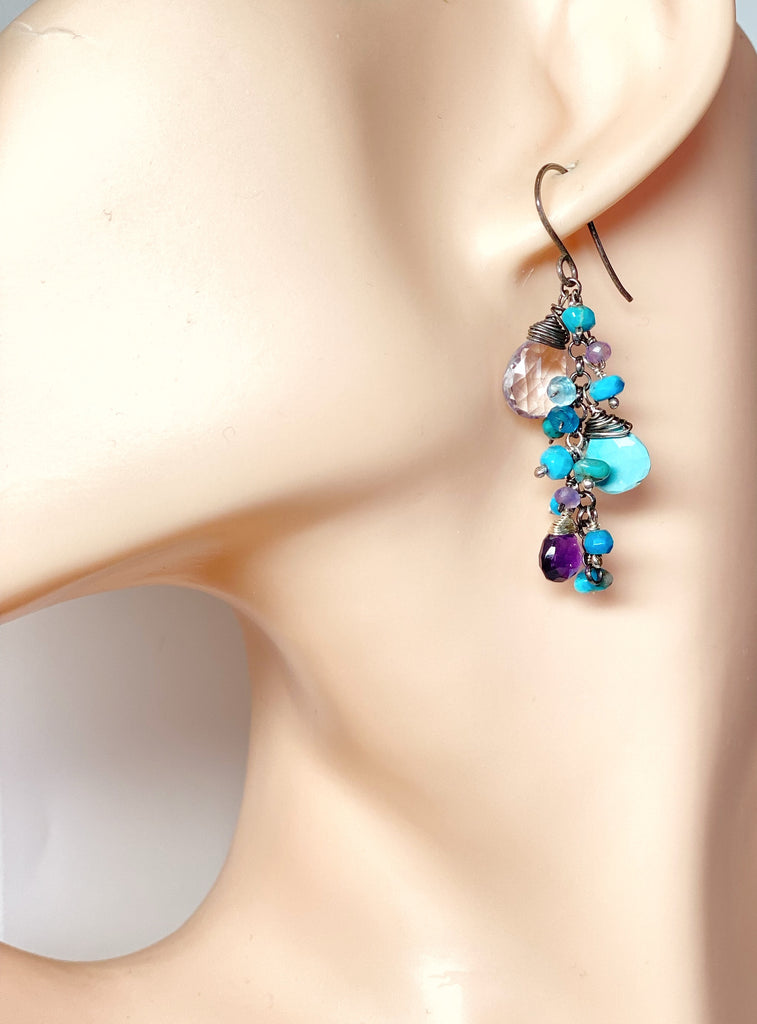 Sleeping Beauty Turquoise Dangle Earrings with Amethyst in Oxidized Sterling Silver