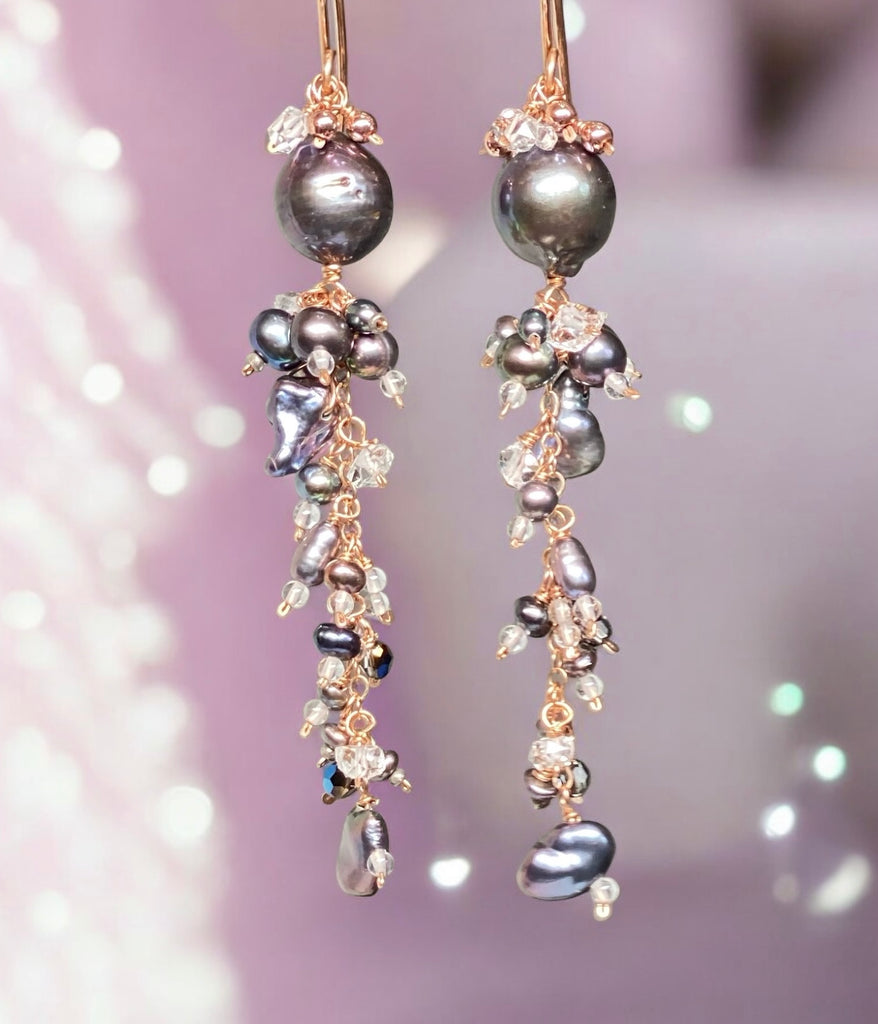 Black Peacock Pearl and Herkimer Crystal Dangle Earrings Rose Gold