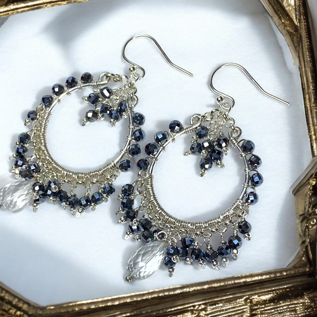 Black Gemstone Chandelier Hoop Earrings Sterling Silver 2