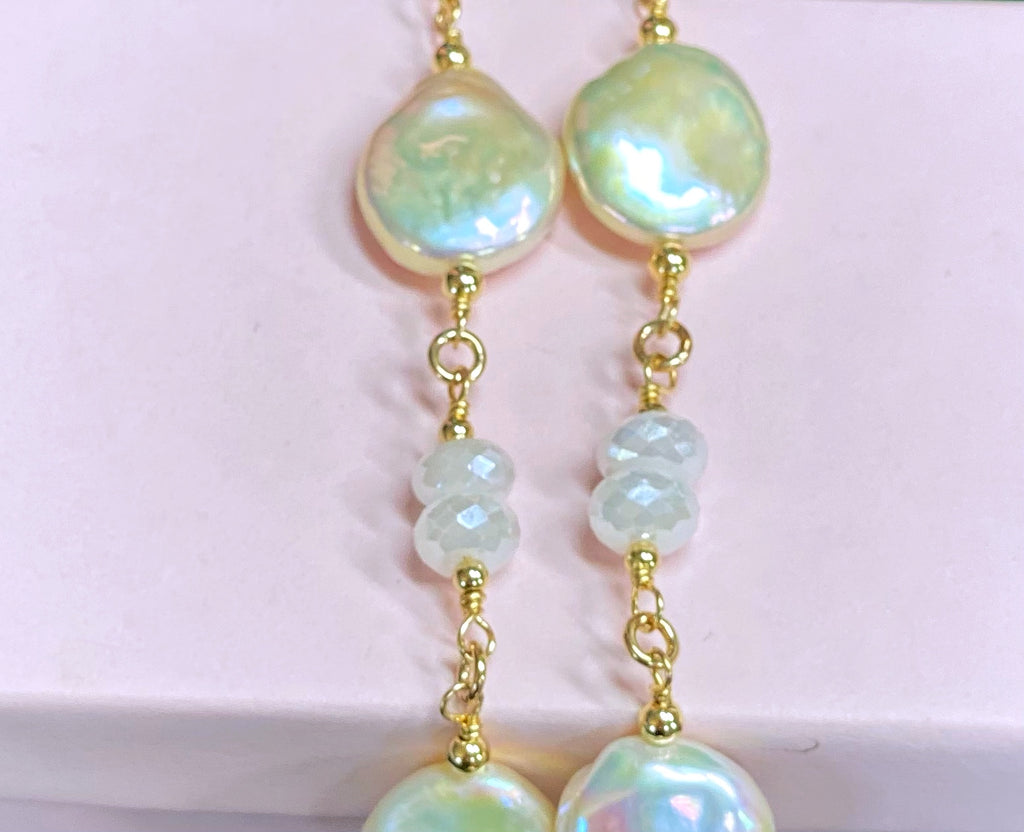 Blush Baroque Pearl Mystic Moonstone Long Sautoir Rosary Necklace Gold Fill