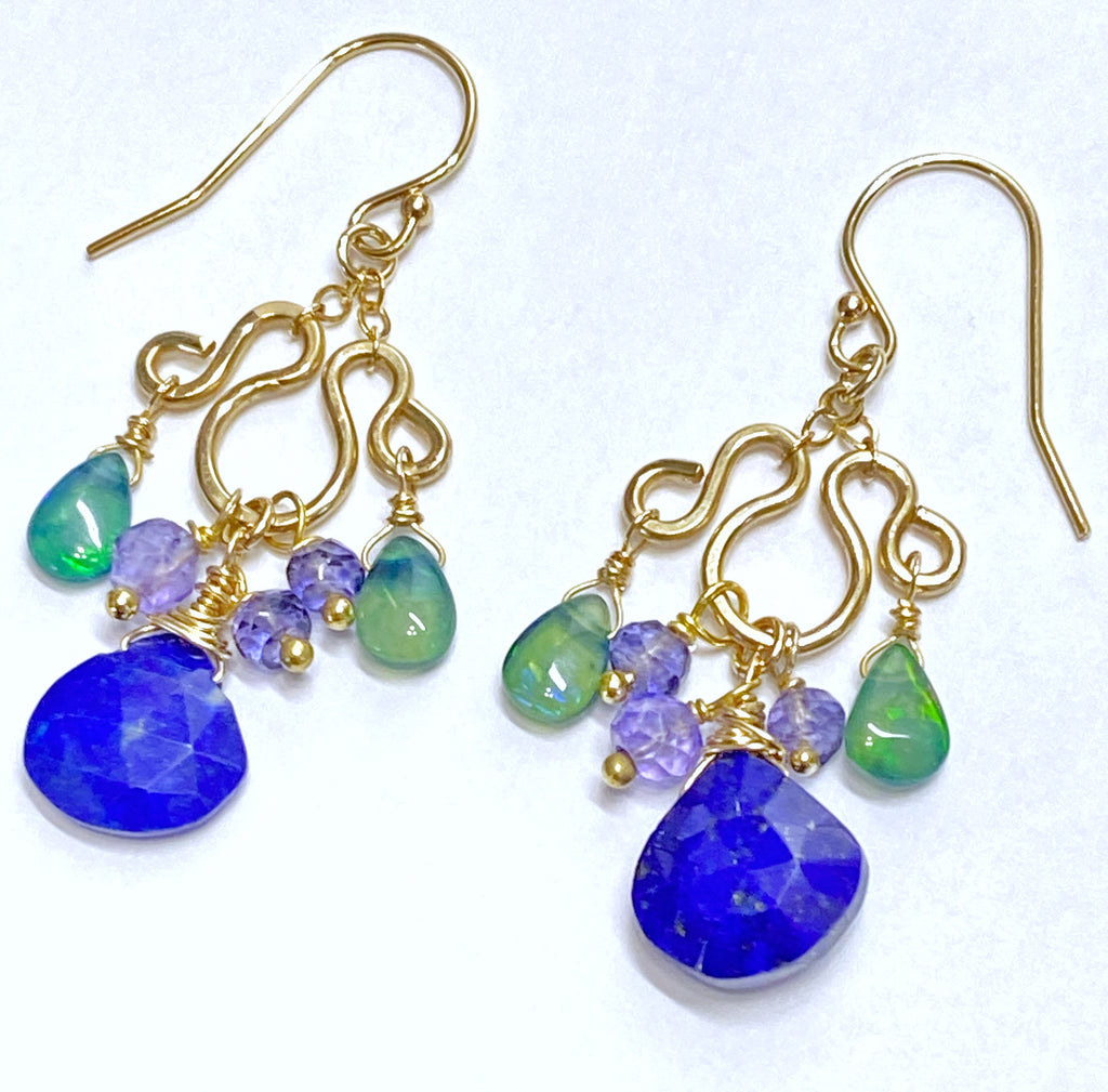 Blue Lapis, Blue Opal Chandelier Earrings Gold Fill