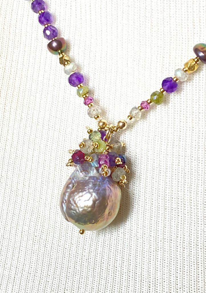 Exotic Mauve Pink Pond Slime Baroque Freshwater Pearl Pendant with Gemstone Necklace