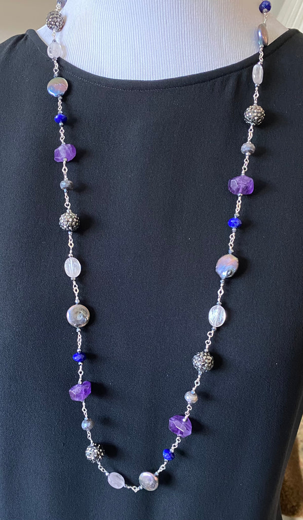 Long Blue Violet Necklace Amethyst Kunzite Coin Pearl Sterling Silver 2