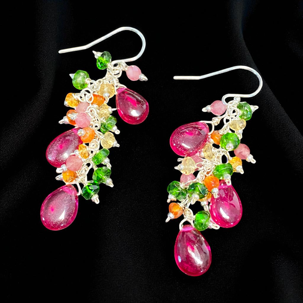 Rubellite Multi Gemstone Long Dangle Earrings Sterling Silver