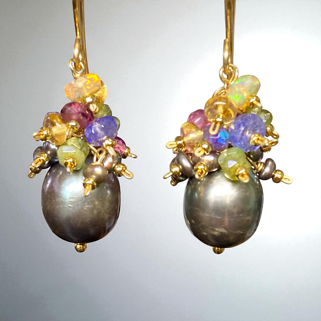 Gray Pearl Earrings with Gemstone Clusters in 14 kt Gold Fill