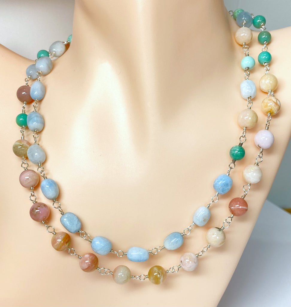 Multi-color Gemstone Necklace Wire Wrapped Opal Chrysoprase Aquamarine