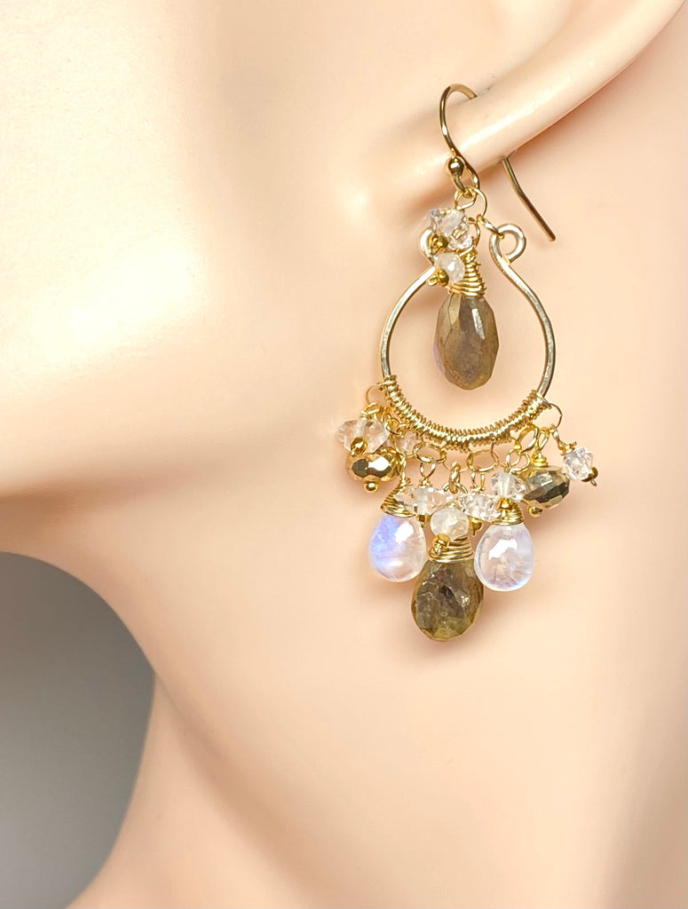 Rainbow Moonstone Gold Labradorite Chandelier Hoop Earrings Gold Fill