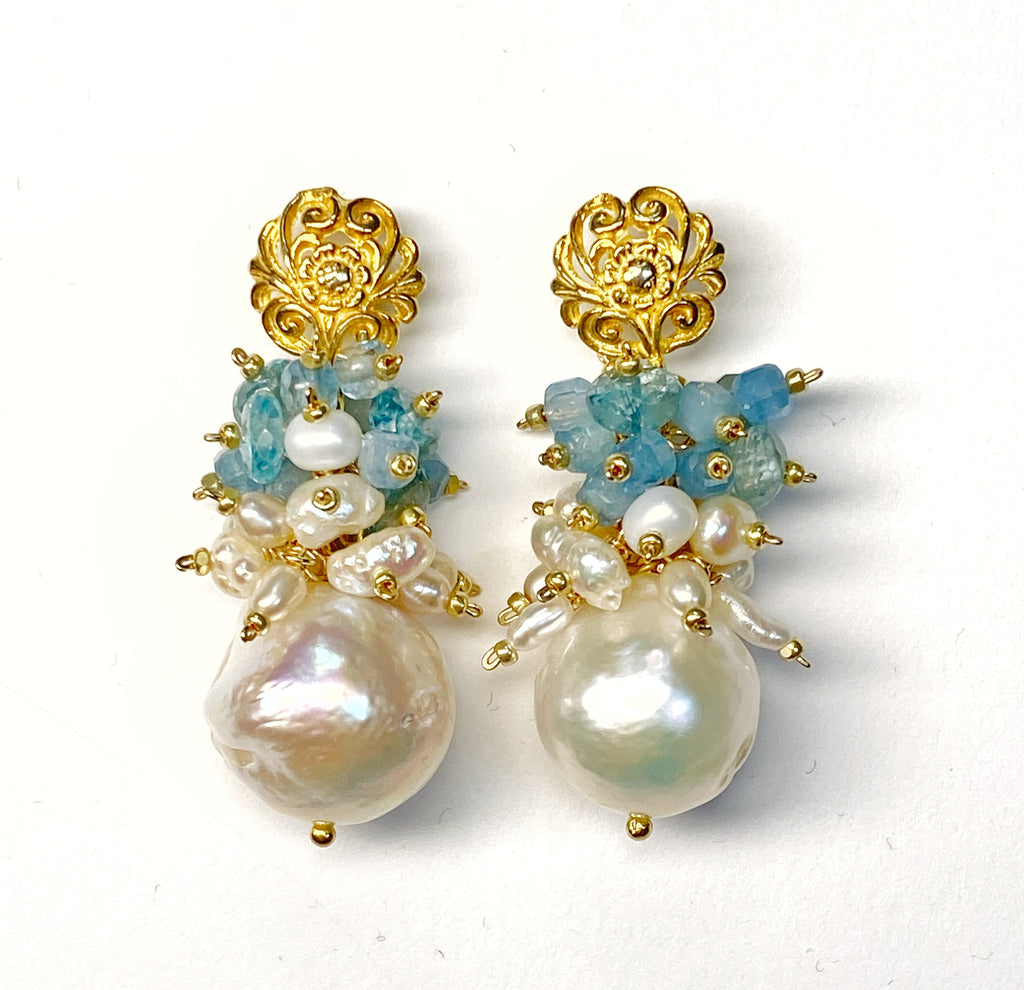 Blue Zircon Pearl Cluster Earrings Gold Post