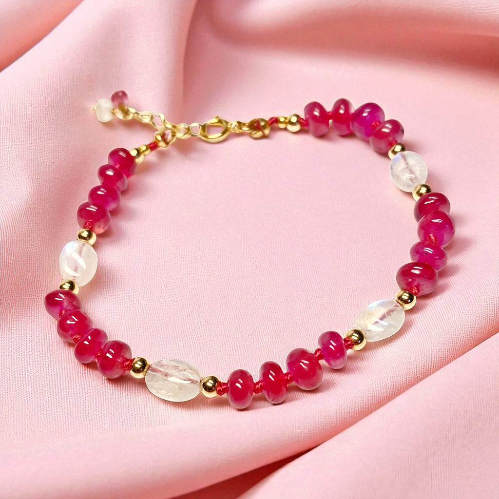 Pink Sapphire and Rainbow Moonstone Silk Knot Bracelet