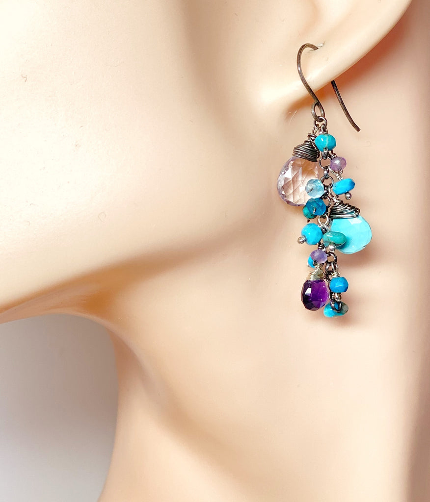 Sleeping Beauty Turquoise Dangle Earrings with Amethyst in Oxidized Sterling Silver