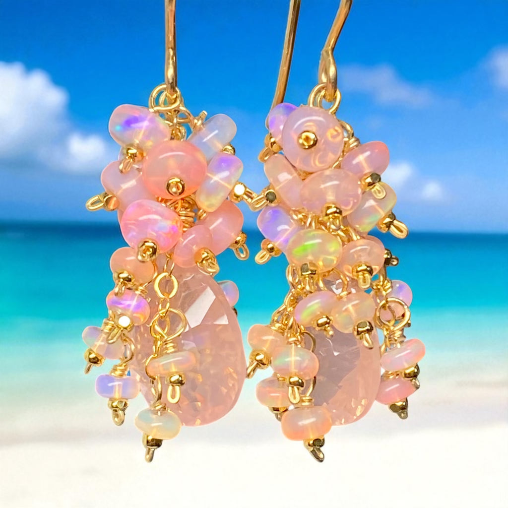 Pink Opal Cluster Earrings Rose Quartz Concave Cut Briolette Earrings Gold