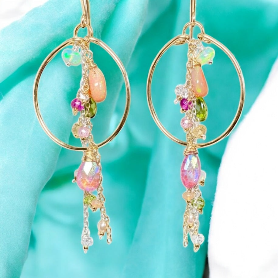 Gold Fill Hoop Earrings with Multi Gemstone Dangles, Opals, Peridot