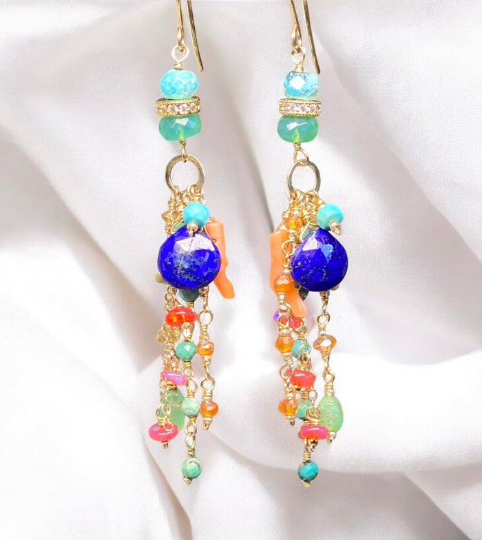 Blue Lapis Dangle Earrings Boho Style with Coral, Chrysoprase, Turquoise, Carnelian Gold Fill