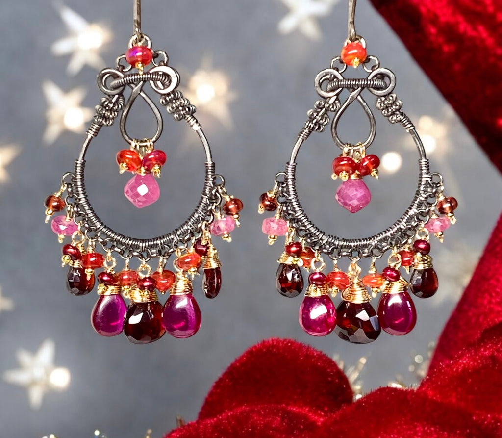 Red Gemstone Statement Chandelier Earrings, Garnet, Sapphire, Mixed Metal, Oxidized Silver