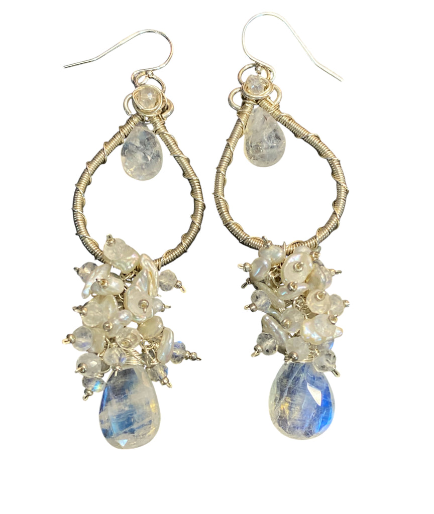 Moonstone Pearl Bridal Earrings Keishi Pearl Crystal Sterling Silver
