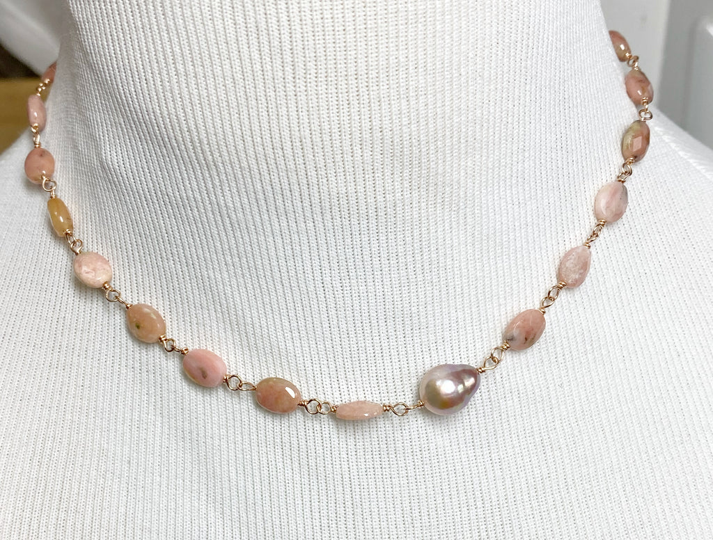 Pink Peruvian Opal, Pearl and Rose Gold Wire Wrapped Necklace