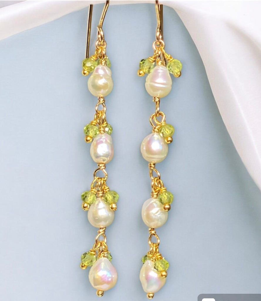 Peridot and Pearl Long Dainty Earrings Gold Fill - 3 PEARLS OPTION