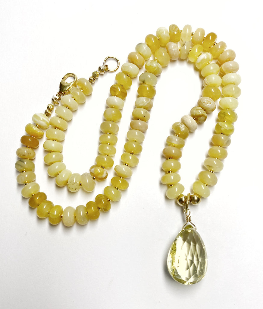 Lemon Quartz Gemstone Pendant on Yellow Opal Knotted Necklace, Gold Fill