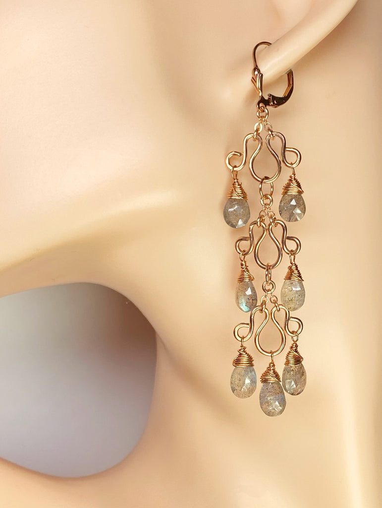 Long Labradorite Chandelier Earrings Rose Gold