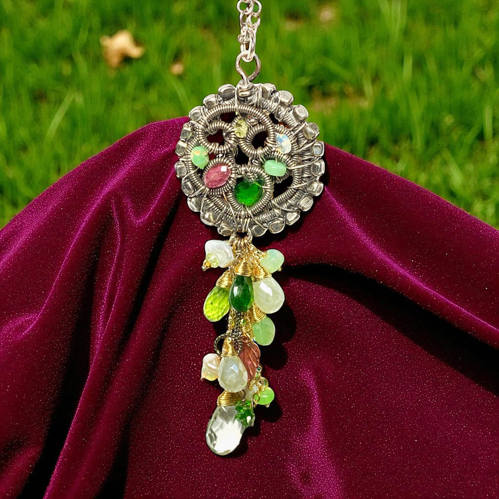 Boho Gemstone Pendant Oxidized Silver Pink Tourmaline, Opal, Green Gems