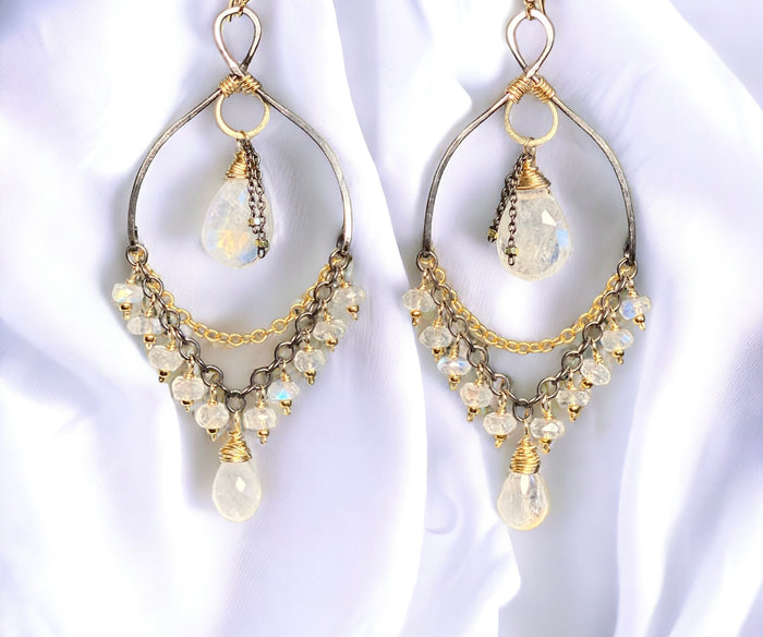 Rainbow Moonstone Mixed Metal Chandelier Earrings Beaded Statement Earrings