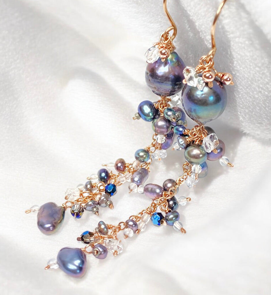 Black Peacock Pearl and Herkimer Crystal Dangle Earrings Rose Gold